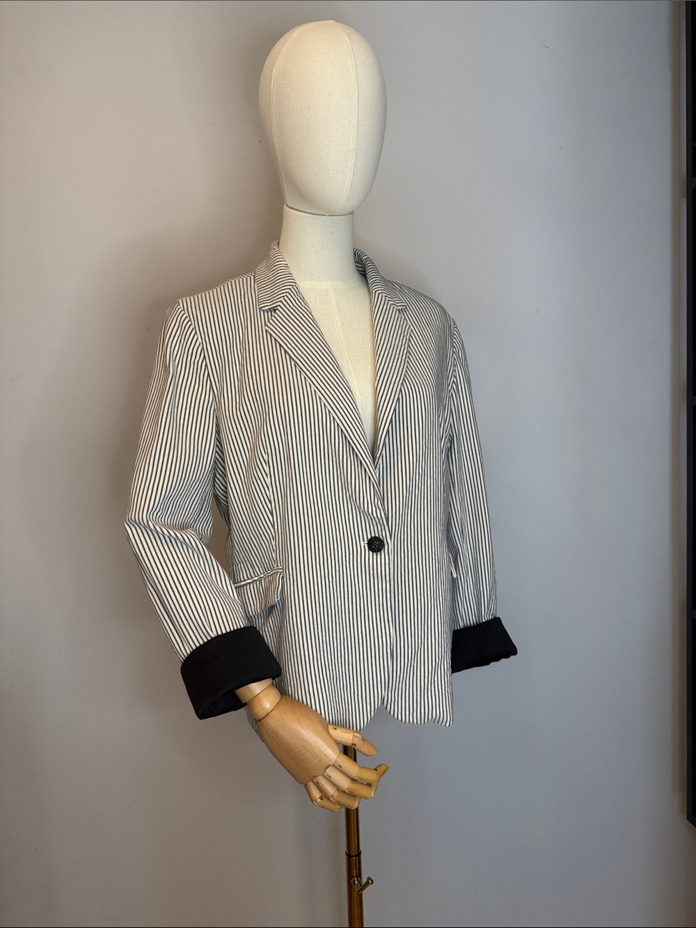 Dalia Collection Striped Seersucker Blazer Contrast Roll-Up Cuff - Size XL